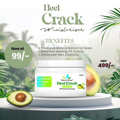 Heel Crack Cream with Avocado, Aqua & Urea by Mint and Ocean - Deeply Hydrates, Repairs and Nourishes Cracked Heels - 50gm